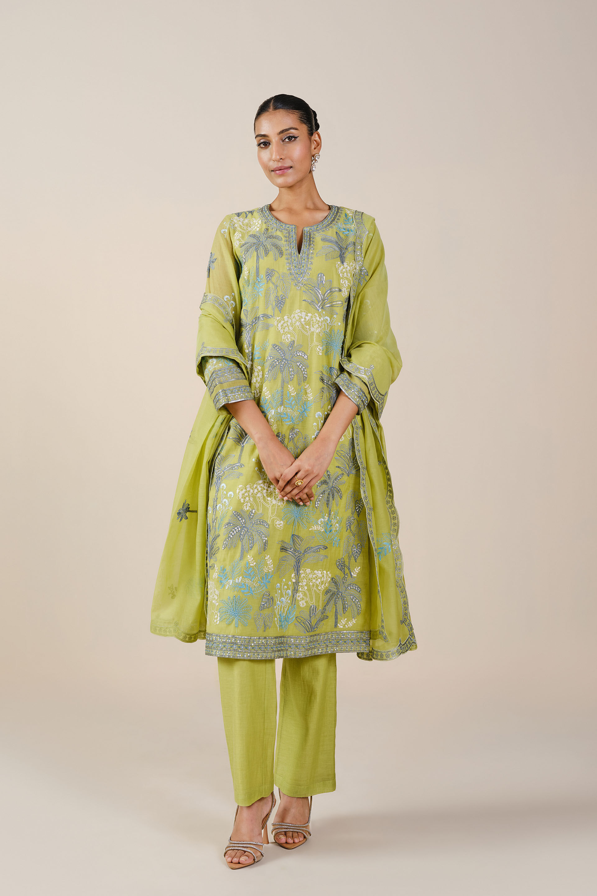 Pelagia Embroidered Mul Suit Set - Lime